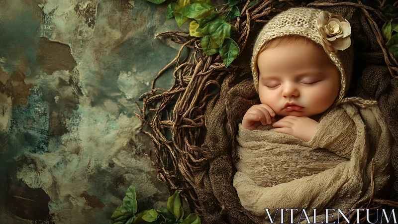 Infant in Textile Wrapping Against Aged Stone Surface.