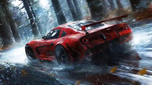 Scarlet racer slashes through a storm slick forest runway