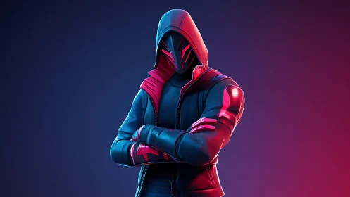 Neon hooded guardian standing bold in glowing twilight.