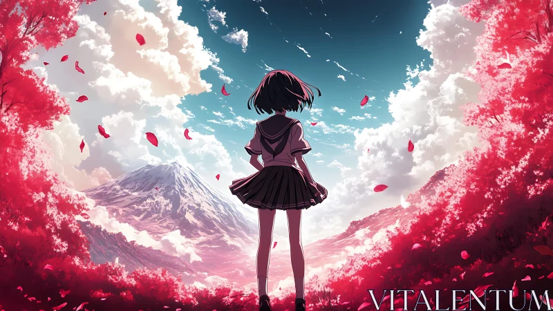 Dreamy schoolgirl gazes toward bright mountain horizon