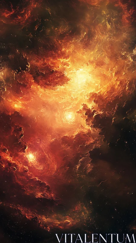 Turbulent orange nebula with dense swirling gas clouds.