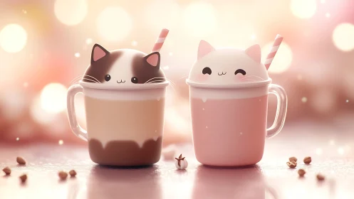 Two cute cat face mugs with beverages and striped straws in warm pink bokeh setting.