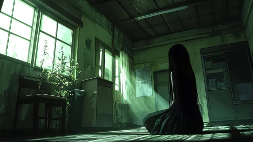 Solitary girl kneels in an abandoned sunlit classroom