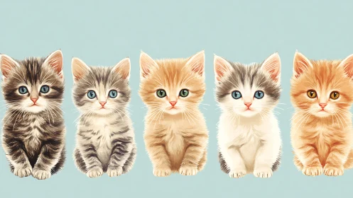 Five Adorable Kittens Lined Up in a Rainbow of Fur Colors