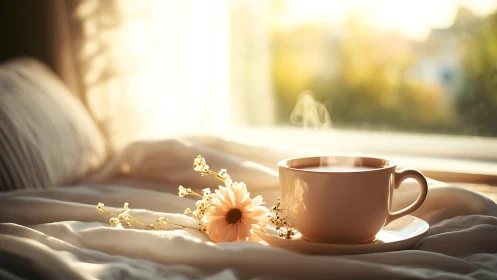 Steaming coffee cup on bed in warm morning window light.