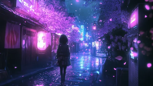 Lonely girl walks through neon cherry blossom alley at night