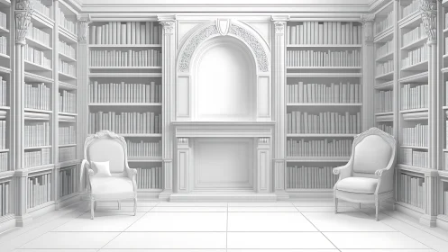 Monochrome neoclassical library interior with twin chairs.