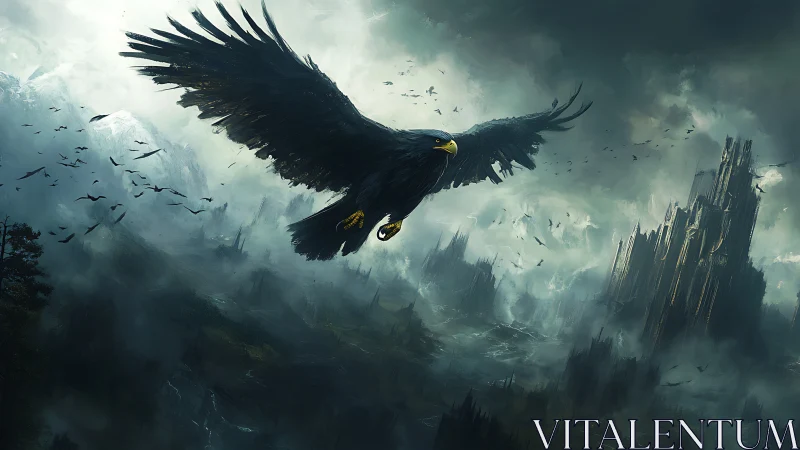 Stormlit black eagle over mistbound gothic mountain citadel