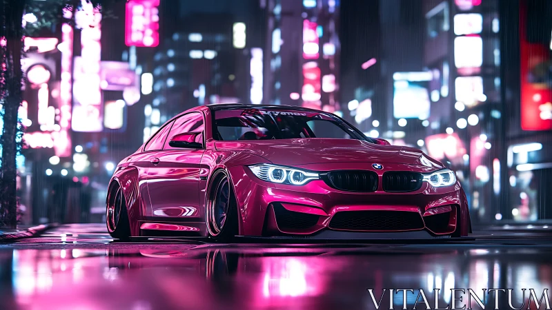 Neon-soaked red sports coupe in cinematic night cityscape.