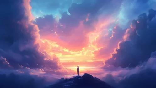 Solitary human silhouette beneath expansive luminous clouds.