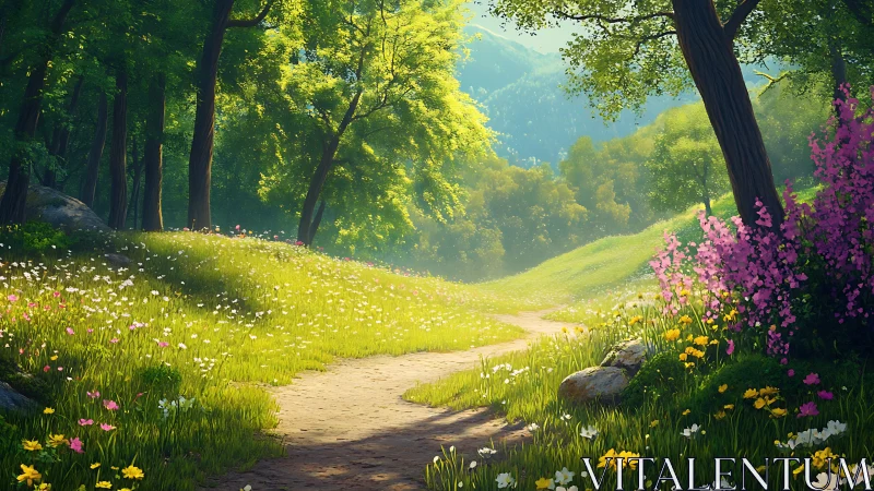 Sunlit forest path with wildflowers in enchanting spring landscape.