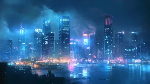 Neon skyline reflects across misted cyberpunk harbor