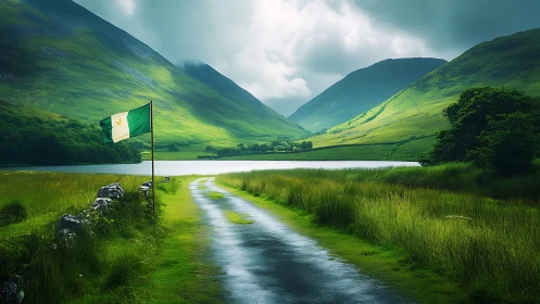Emerald valley lane curling toward a misty lake horizon.