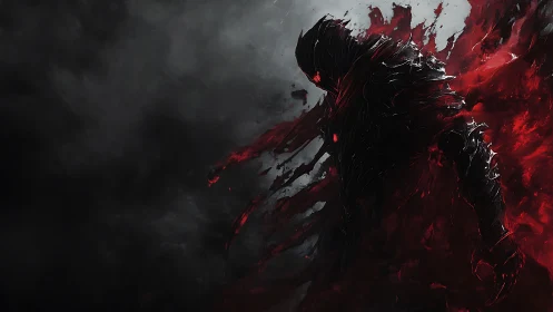 Shadow warrior in red-black armor amid swirling smoke.