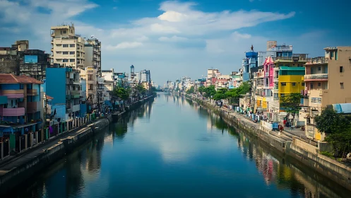 Urban canal corridor reflects chromatic high-rise facades