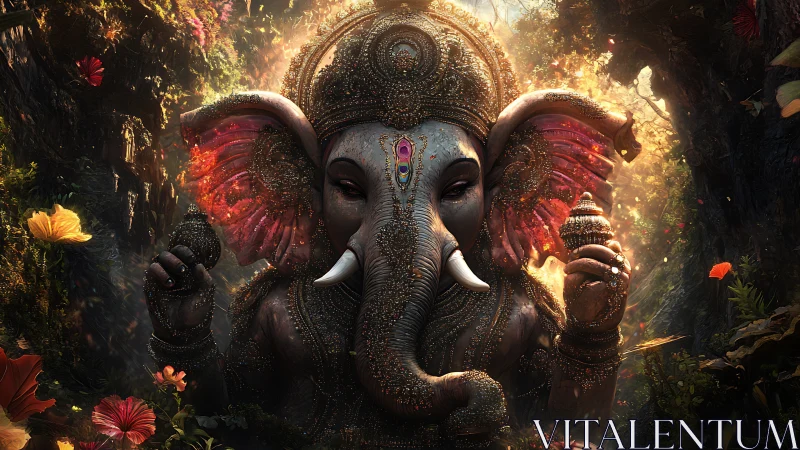 Radiant Ganesha deity glows in a lush, enchanted forest shrine