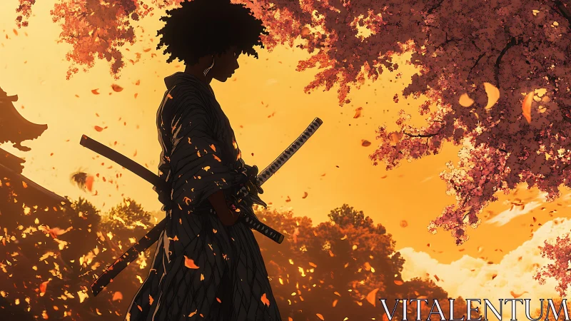 Digital painting samurai silhouette under falling sakura petals.