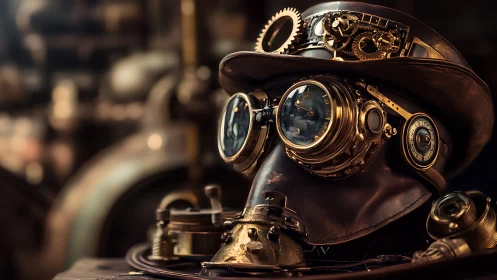 Intricate steampunk gas mask with brass clockwork lenses.