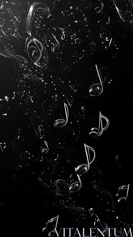 Glowing musical notes floating in a dark abstract space.