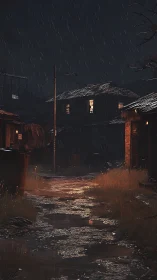 Rain falls on narrow alley with wet ground and dim houses