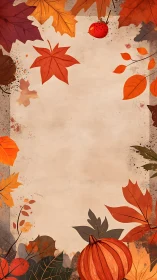 Autumn foliage border with pumpkin on textured parchment background.