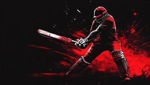 Cricket batter in mid-swing with abstract red splashes background.