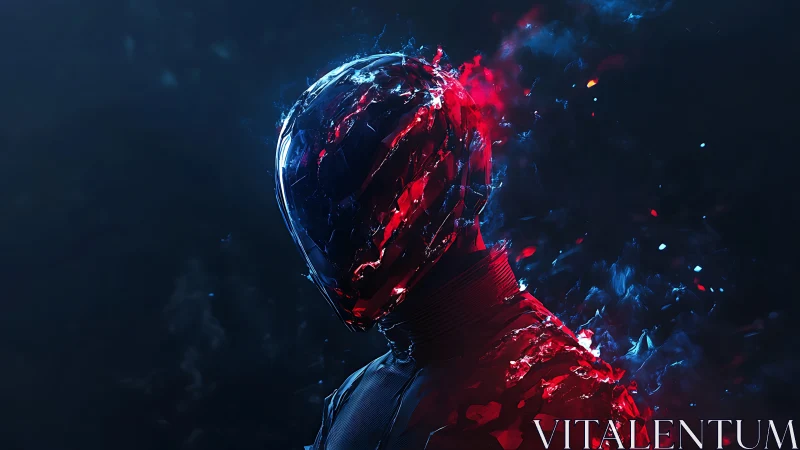 Shattered cybernetic figure with glowing red and blue energy.