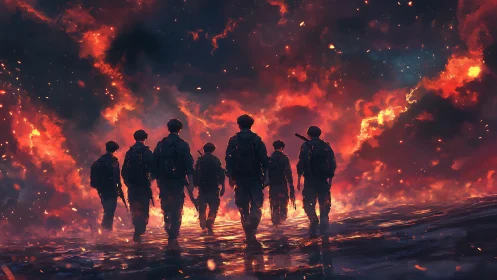 Group of armed figures walking toward burning red horizon.