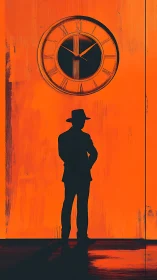 Silhouetted stranger waiting calmly beneath a bold orange clock.