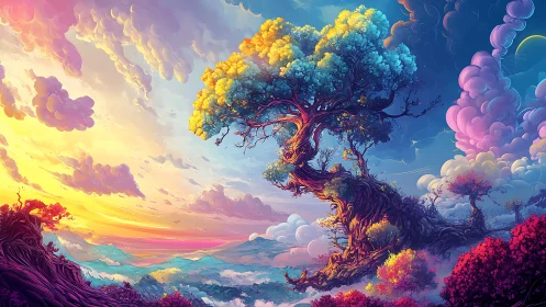 Color-shifted fantasy tree in divided sky landscape.