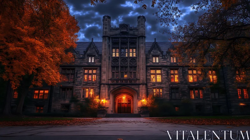 Gothic campus hall glows under a moody autumn evening sky.