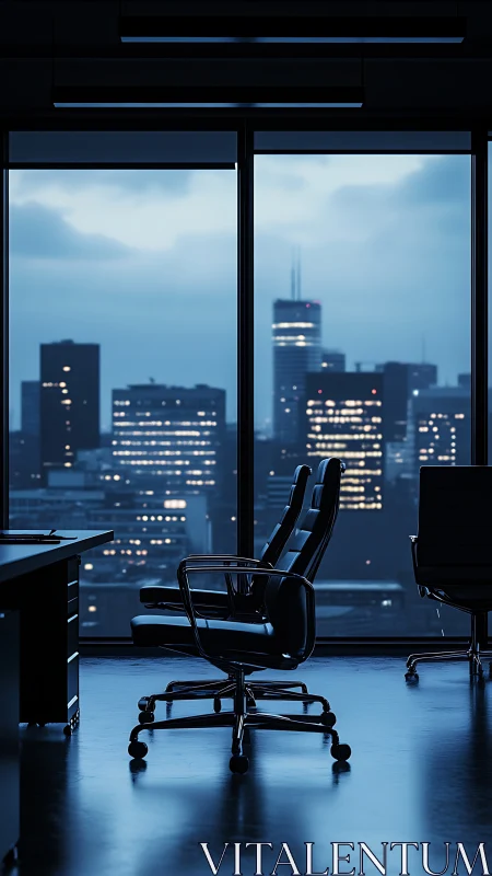 Executive Office at Twilight. Solitude overlooking illuminated cityscape.