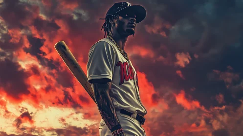 Baseball slugger stands poised under a blazing stormy sky