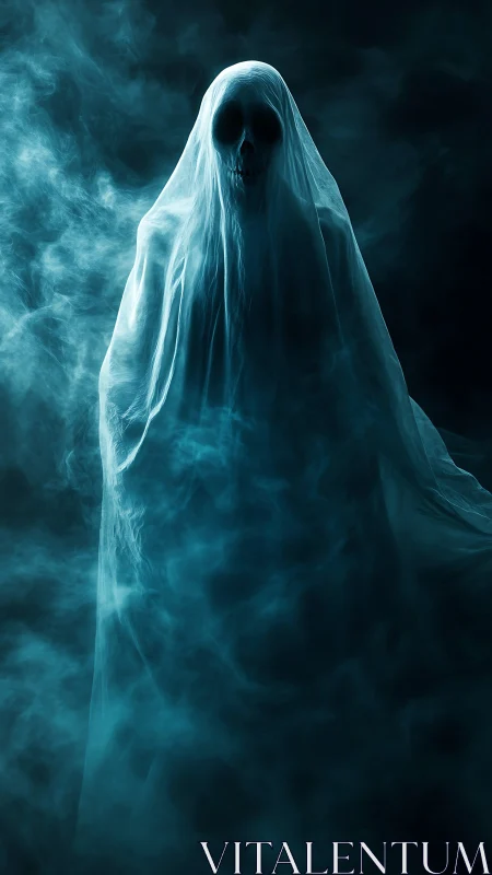 Ghostly shrouded specter emerges from swirling blue mist.