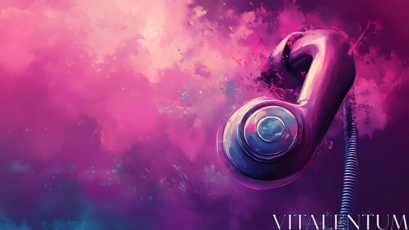 Pink rotary phone handset in abstract digital clouds.
