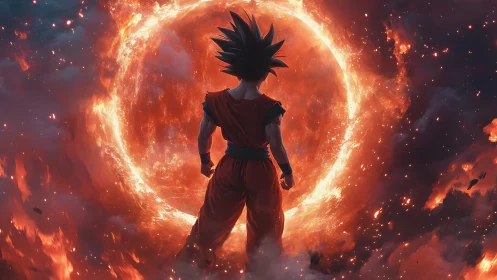 Spiky haired fighter stands before fiery circular energy field