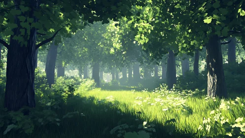 Volumetric light ray rendering through dense forest canopy with dappled illumination effects