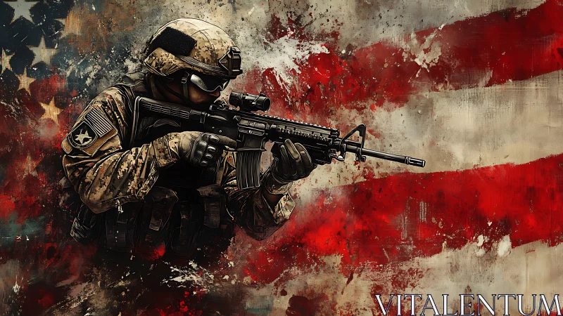 Armed soldier in combat gear stands before distressed flag background