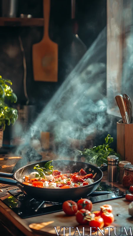 Rustic kitchen skillet cooking fresh tomatoes and herbs.