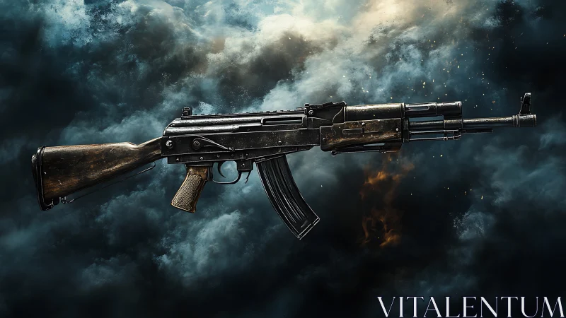 Weathered assault rifle isolated against stormy smoke backdrop.