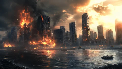 Urban waterfront skyline engulfed in extensive structural fire.