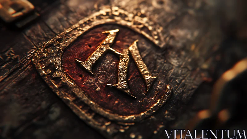 Golden monogram emblem rests on weathered leather cover.