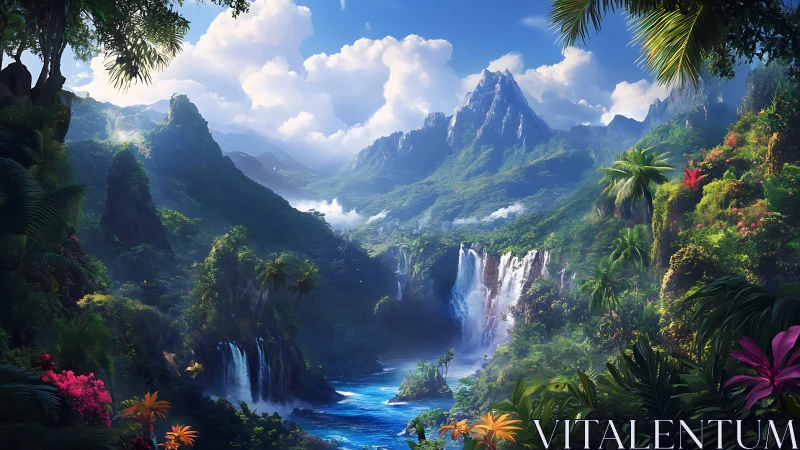 Lush tropical canyon with cascaded waterfalls under volumetric light