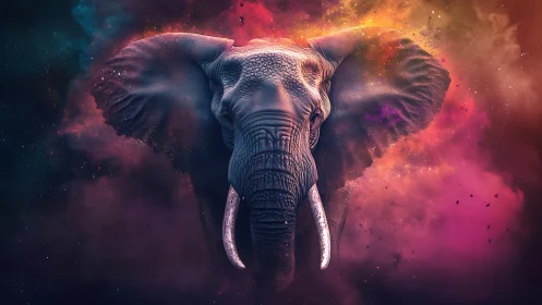 Cosmic elephant emerges from vibrant nebula clouds.