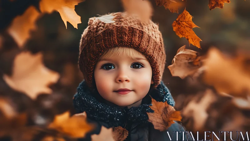Child in autumn portrait with falling leaves and warm light