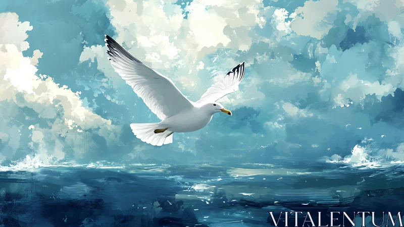 Seagull in mid-flight over turbulent painterly seascape