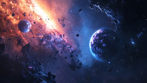 Binary exoplanet system amid colliding nebular debris field