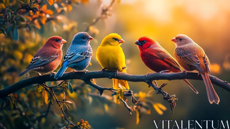 Colorful songbirds on a branch at sunset in vibrant realism.