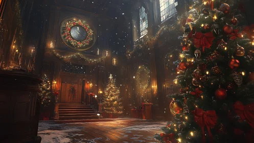 Grand holiday hall glowing with cozy Christmas magic.