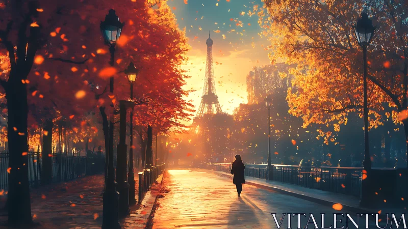 Silhouetted person walks toward Eiffel Tower on autumn street